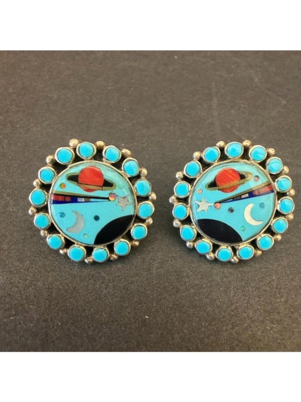 Zuni Micro Mosaic Silver Turquoise Celestial Inlay Earrings Night Sky Saturn